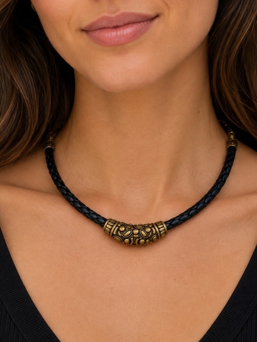 VTG Black Braided Cord Antique Goldtone Orange Rhinestone Collar Necklace